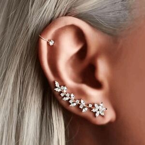 Golden Flower Leaf Branch Diamond Ear Crawler Ear Hugger Earrings